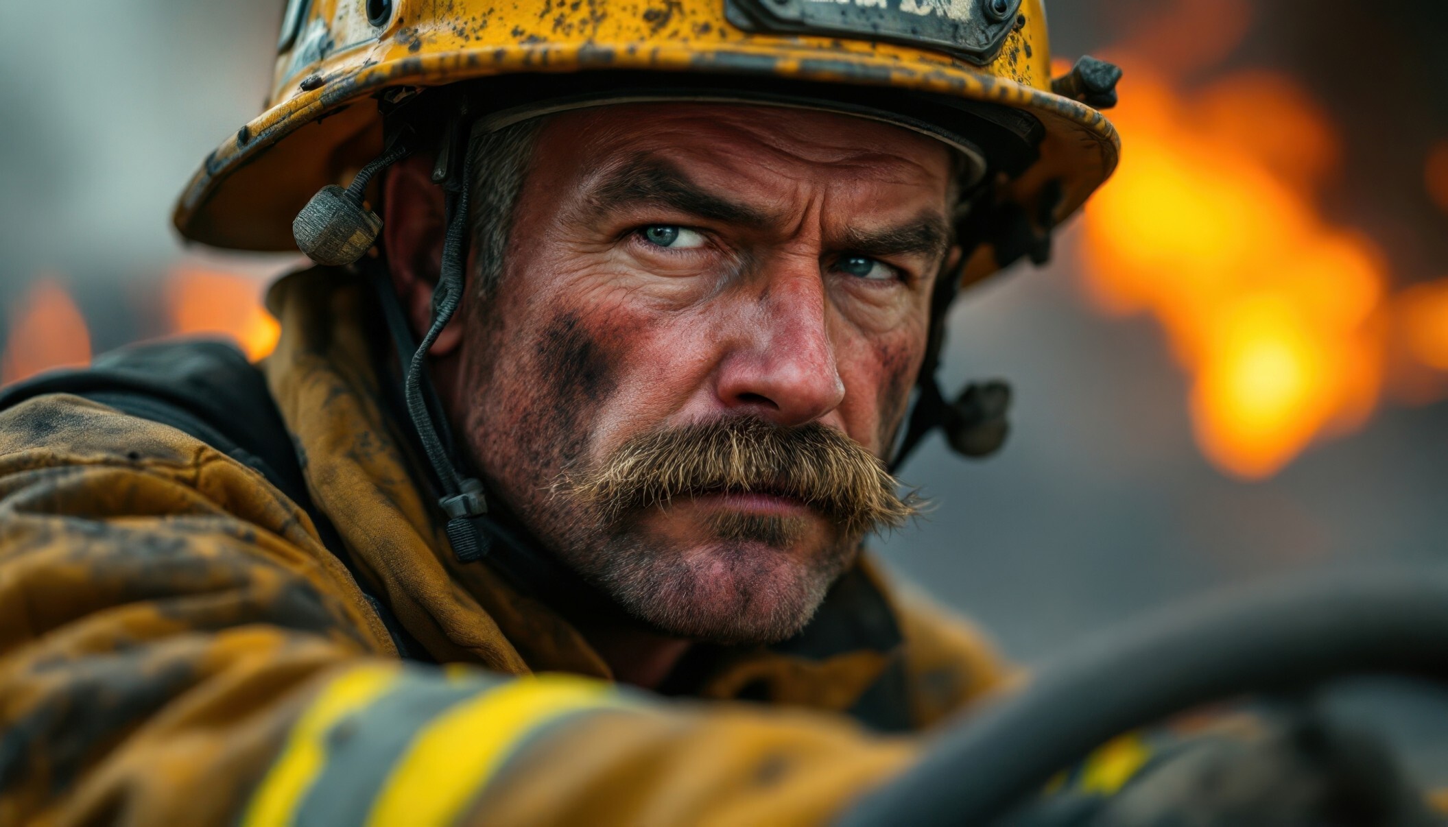 Firefighter with handlebar mustache