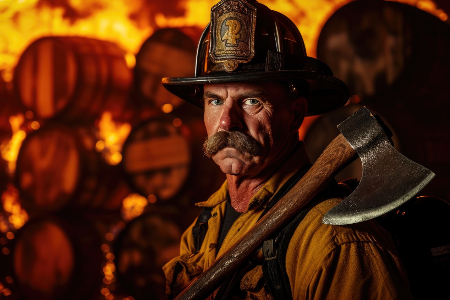 Firefighter with handlebar mustache holding axe