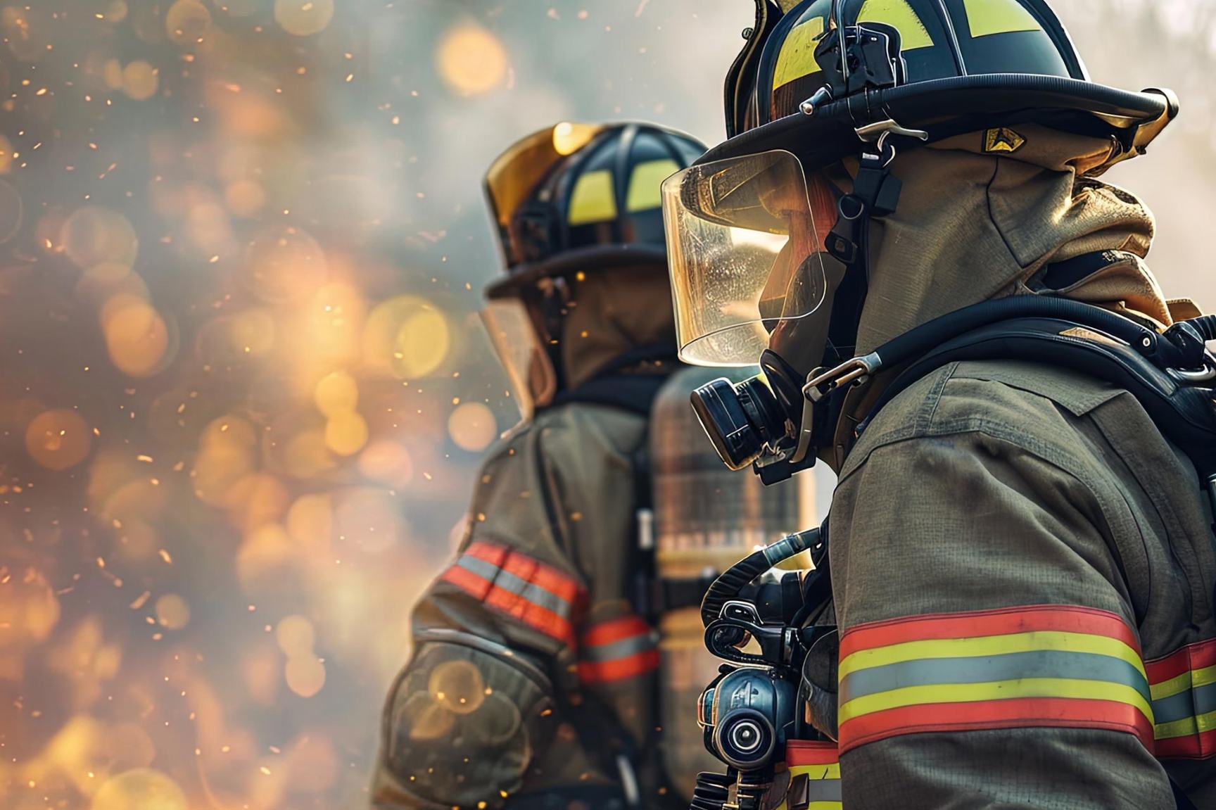 Firefighters approaching fire and smoke